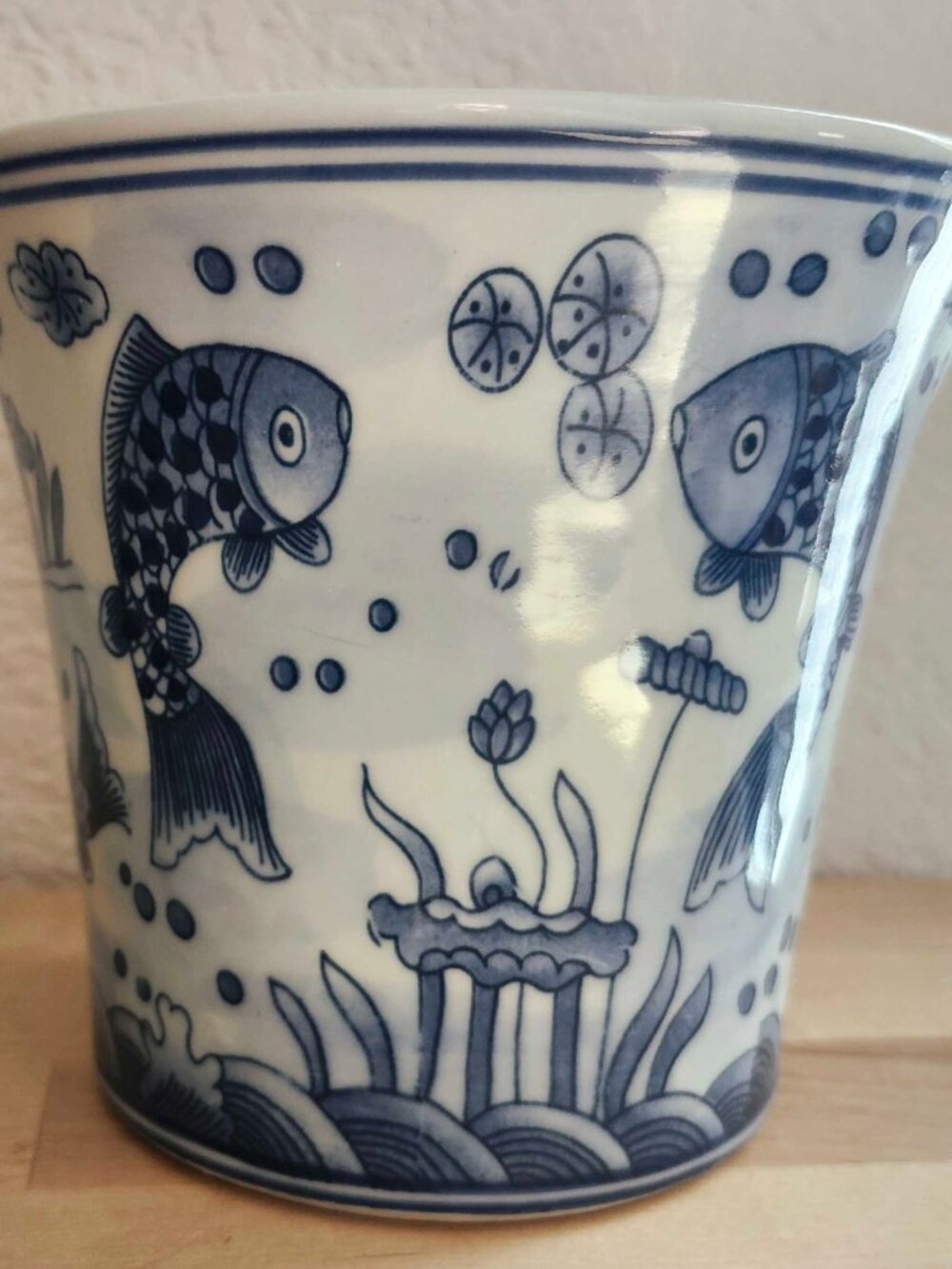 Blue & White Porcelain Koi Fish Planter Cachepot 5"